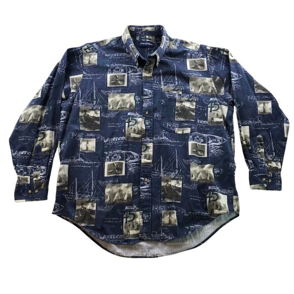 Starts & Stripes Mens Shirt Size XL Long Sleeve Button-Up Nautical Print Retro - Picture 1 of 16